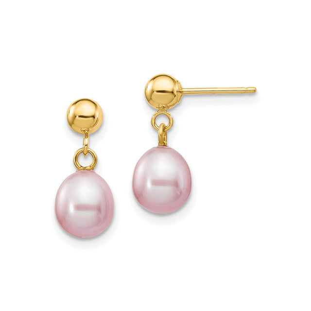 14k Yellow Gold Drop Earrings with Pink Freshwater Pearls, Romantic Dangle Design