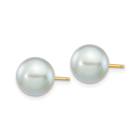 14k Yellow Gold Pearl Stud Earrings, Classic Round White Cultured Pearls for Women