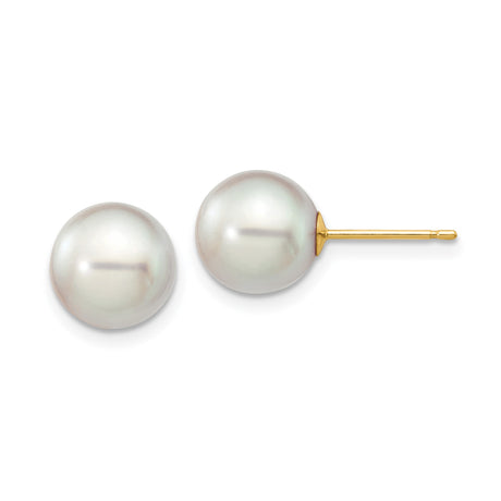 14k Yellow Gold Pearl Stud Earrings, Classic Round White Cultured Pearls for Women