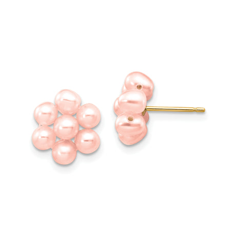 14k Yellow Gold Stud Earrings with Pink Freshwater Pearls, Floral Cluster Design