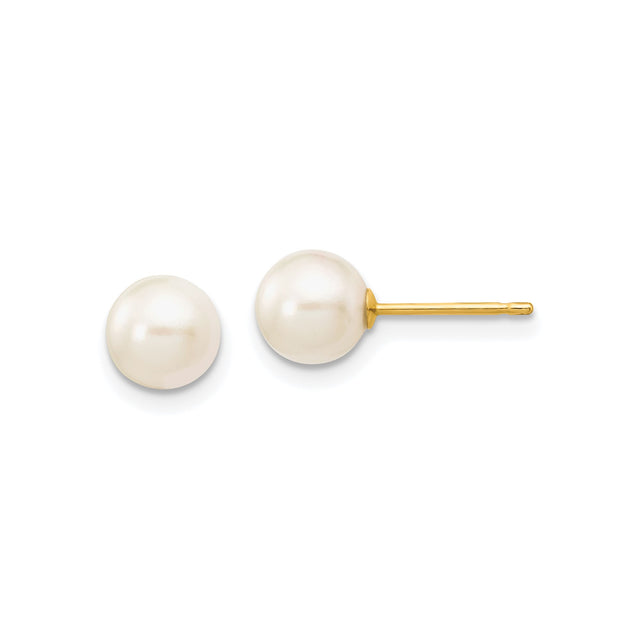 14k Yellow Gold Pearl Stud Earrings, Classic Round White Pearls, Minimalist Style for Women