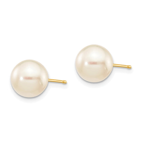 14k Yellow Gold Pearl Stud Earrings, Classic Round White Cultured Pearls for Women