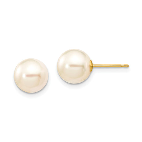 14k Yellow Gold Pearl Stud Earrings, Classic Round White Cultured Pearls for Women