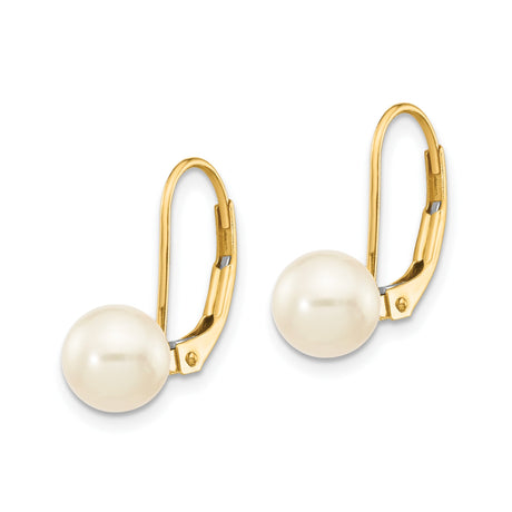 14k Yellow Gold Leverback Earrings with White Cultured Pearls, Classic Drop Style