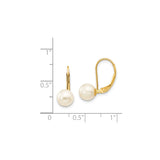 14k Yellow Gold Leverback Earrings with White Cultured Pearls, Classic Drop Style