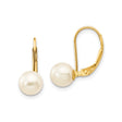 14k Yellow Gold Leverback Earrings with White Cultured Pearls, Classic Drop Style