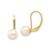 14k Yellow Gold Leverback Earrings with White Cultured Pearls, Classic Drop Style