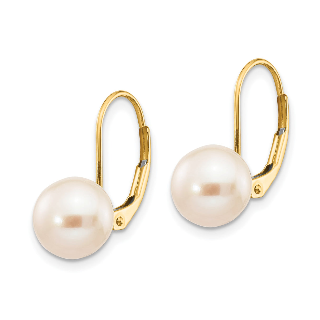 14k Yellow Gold Drop Earrings with White Round Freshwater Pearls and Leverback Closures