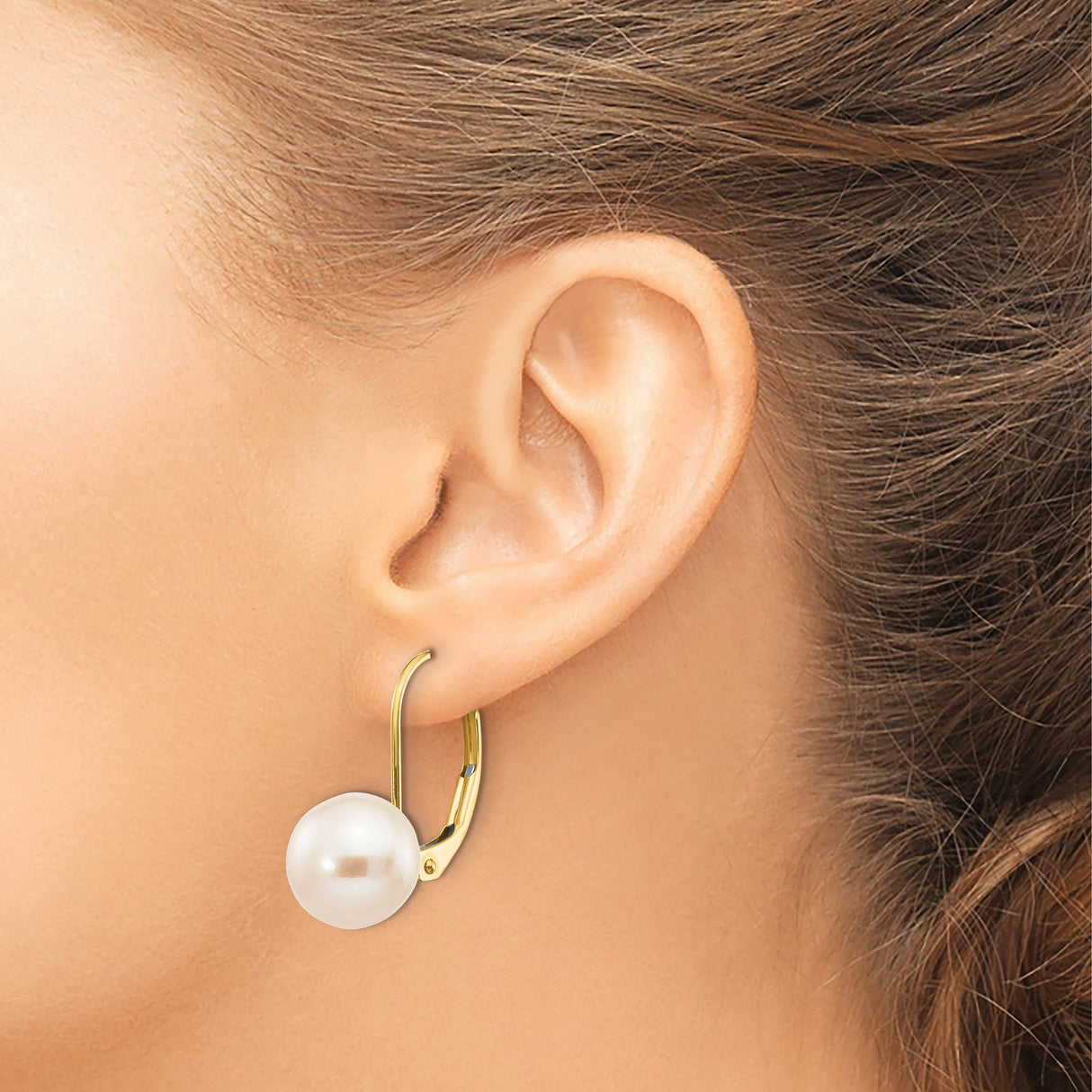 14k Yellow Gold Drop Earrings with White Round Freshwater Pearls and Leverback Closures