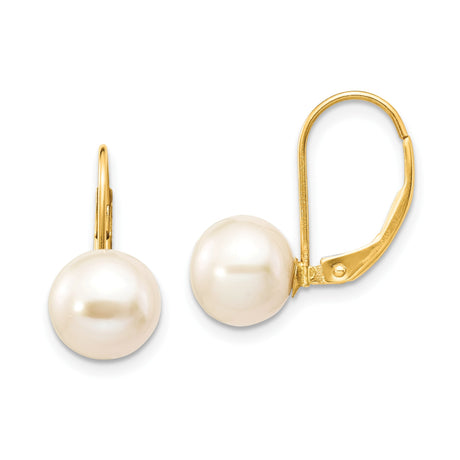 14k Yellow Gold Drop Earrings with White Round Freshwater Pearls and Leverback Closures