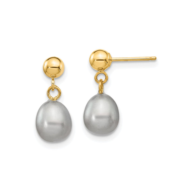 14k Yellow Gold Dangle Earrings with Gray Freshwater Pearls, Minimalist Drop Design