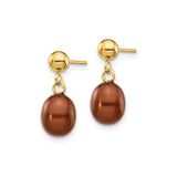 14k Yellow Gold Dangle Earrings with Pearl and Brown Oval Beads, Drop Style Jewelry for Women