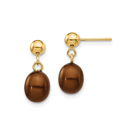 14k Yellow Gold Dangle Earrings with Pearl and Brown Oval Beads, Drop Style Jewelry for Women