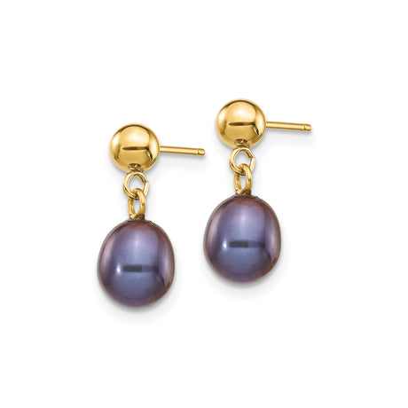 14k Yellow Gold Dangle Earrings with Black Freshwater Pearls, Round Stud Drop Design
