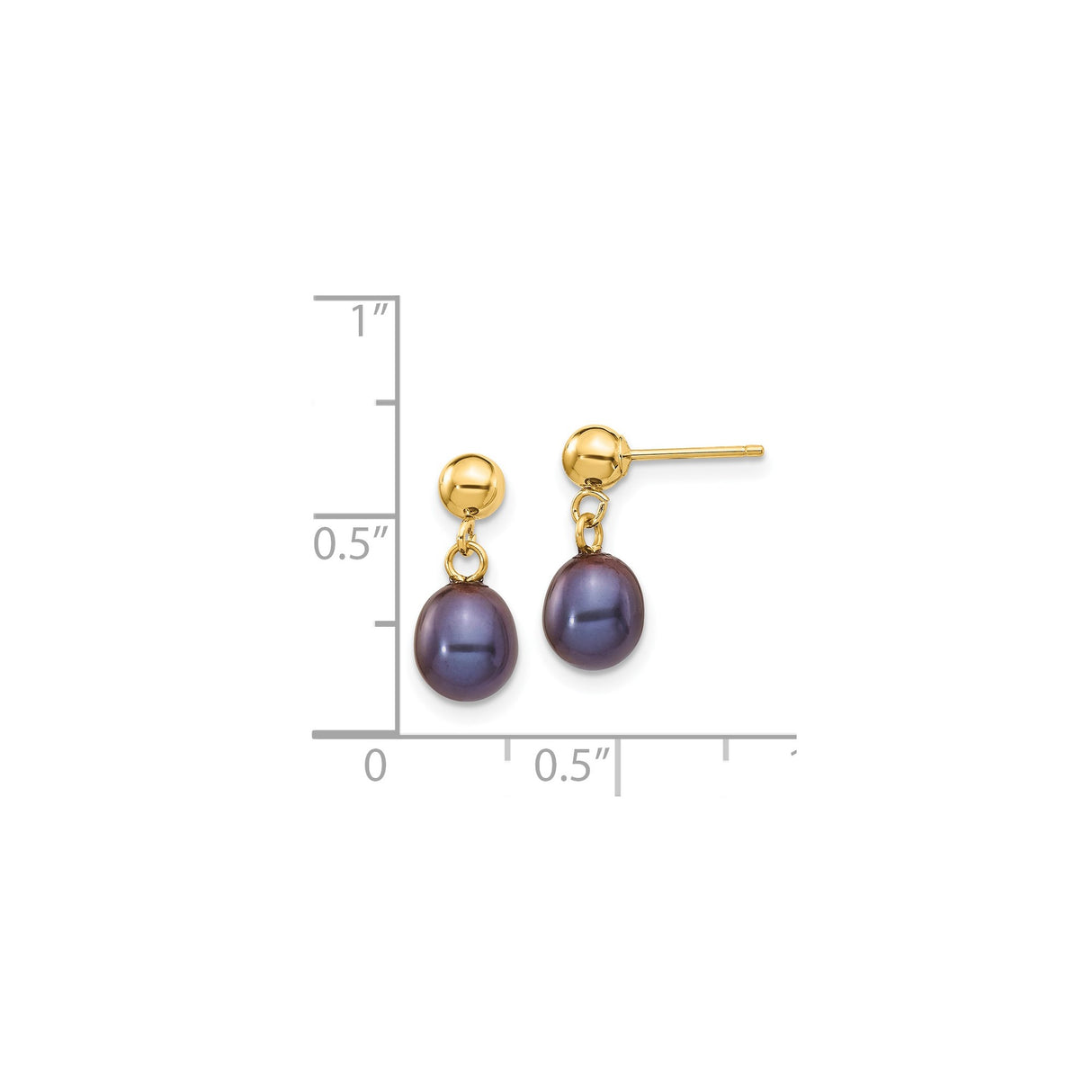 14k Yellow Gold Dangle Earrings with Black Freshwater Pearls, Round Stud Drop Design