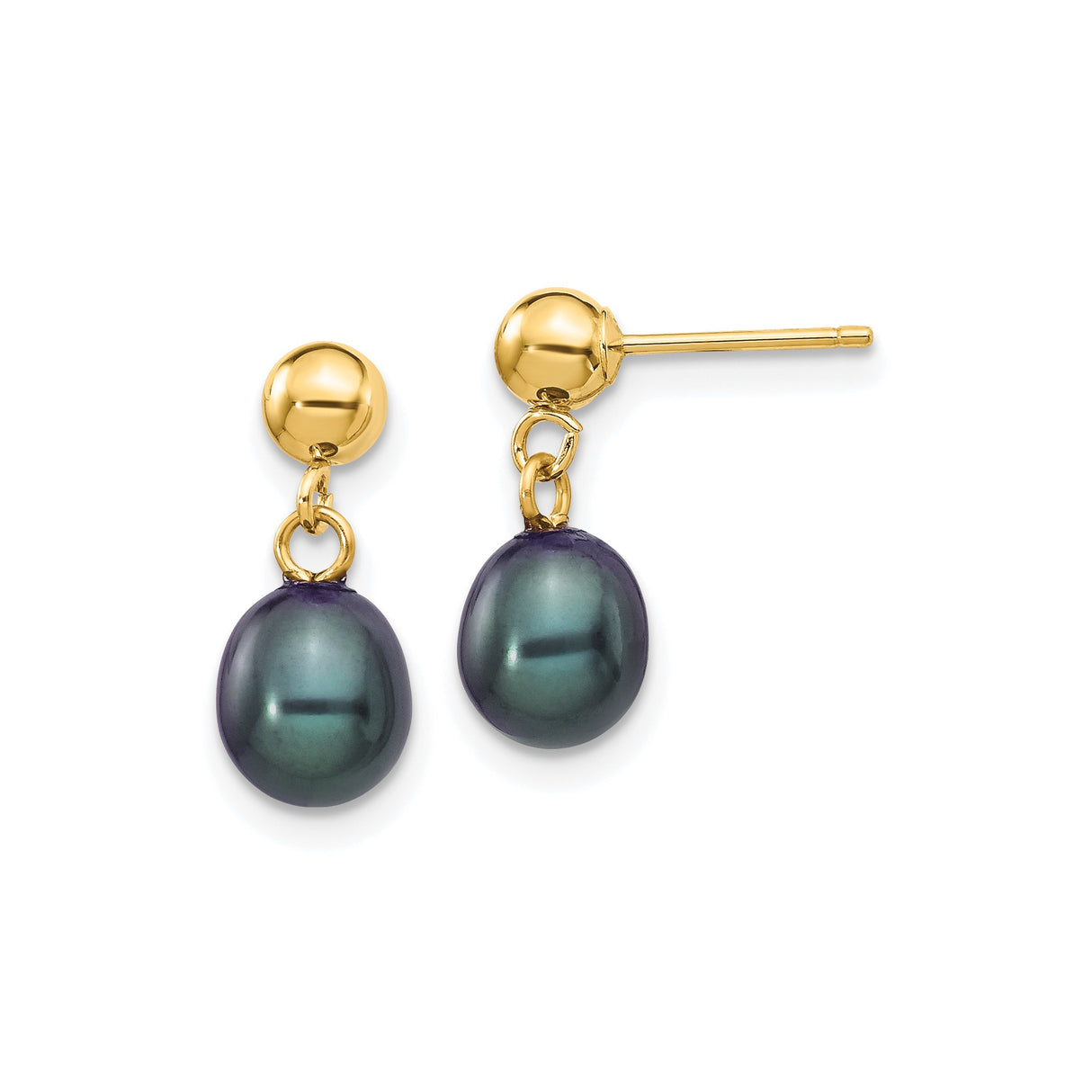 14k Yellow Gold Dangle Earrings with Black Freshwater Pearls, Round Stud Drop Design
