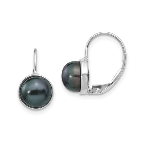 14k White Gold Leverback Earrings with Black Freshwater Pearls, Minimalist Drop Design