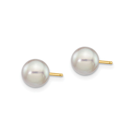 14k Yellow Gold Stud Earrings with Round White Cultured Pearls, Classic Minimalist Style for Women