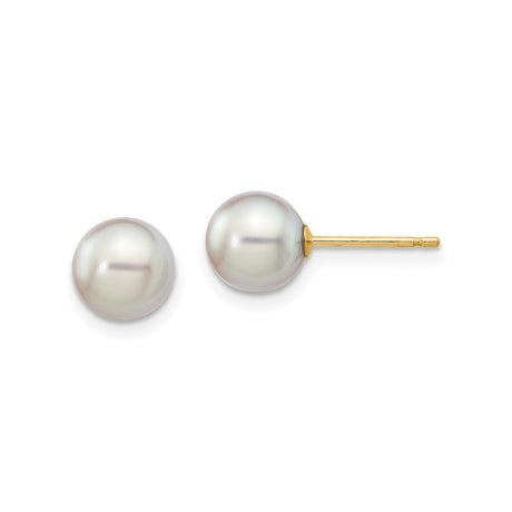 14k Yellow Gold Stud Earrings with Round White Cultured Pearls, Classic Minimalist Style for Women