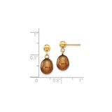 14k Yellow Gold Dangle Earrings with Pearl, Faceted Brown Teardrop Design for Women