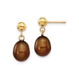 14k Yellow Gold Dangle Earrings with Pearl, Faceted Brown Teardrop Design for Women