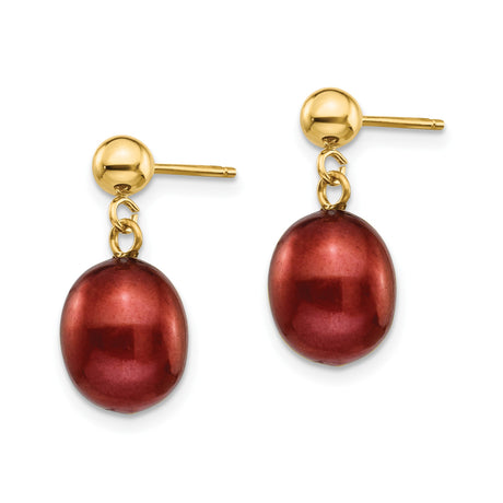 14k Yellow Gold Dangle Earrings with Brown Oval Freshwater Pearls, Polished Drop Design