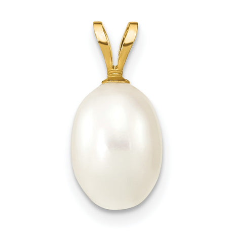 14k Yellow Gold Pendant with White Freshwater Oval Pearl, Classic Drop Style for Women