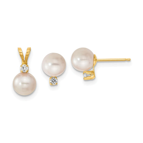 6-7mm Akoya Cultured Pearl Diamond Earrings Charm Pendant in Real 14k Yellow Gold