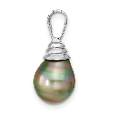 14k White Gold Pendant with Natural Tahitian Black Pearl, Iridescent Drop Design