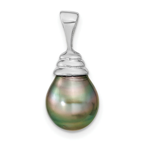 14k White Gold Pendant with Natural Tahitian Black Pearl, Iridescent Drop Design