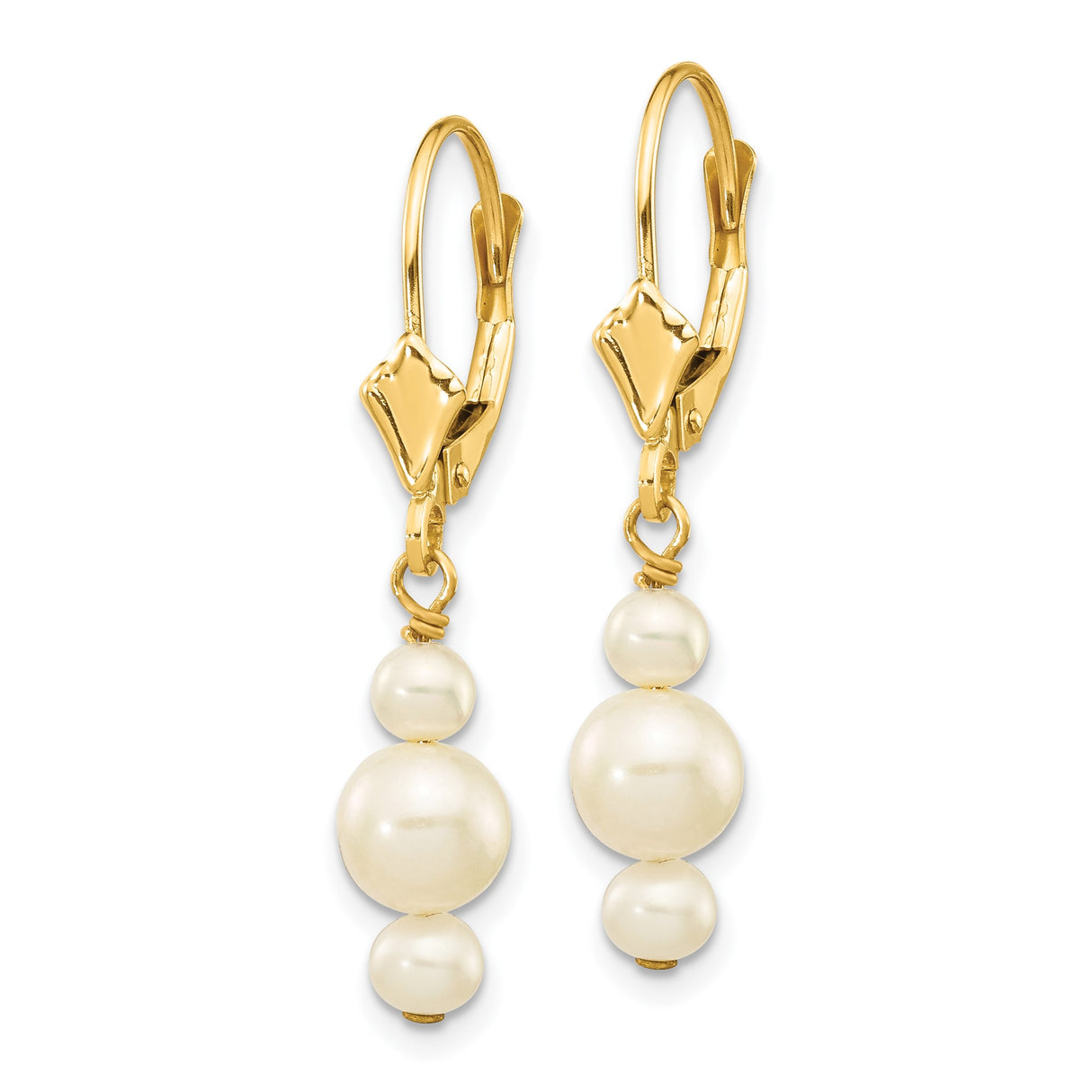 14k Yellow Gold Dangle Earrings with Three Cultured White Pearls, Leverback Drop Design
