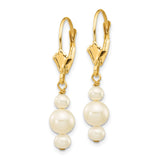 14k Yellow Gold Dangle Earrings with Three Cultured White Pearls, Leverback Drop Design