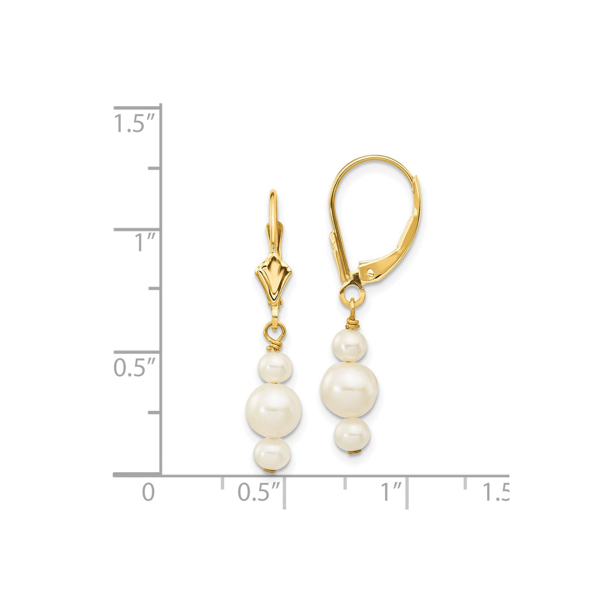 14k Yellow Gold Dangle Earrings with Three Cultured White Pearls, Leverback Drop Design