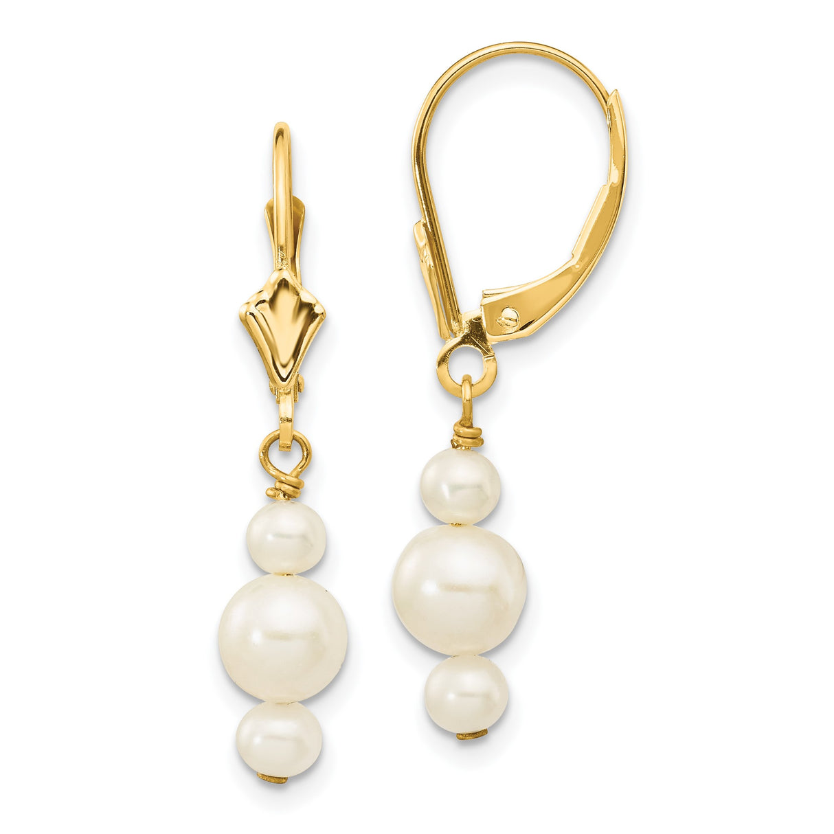 14k Yellow Gold Dangle Earrings with Three Cultured White Pearls, Leverback Drop Design