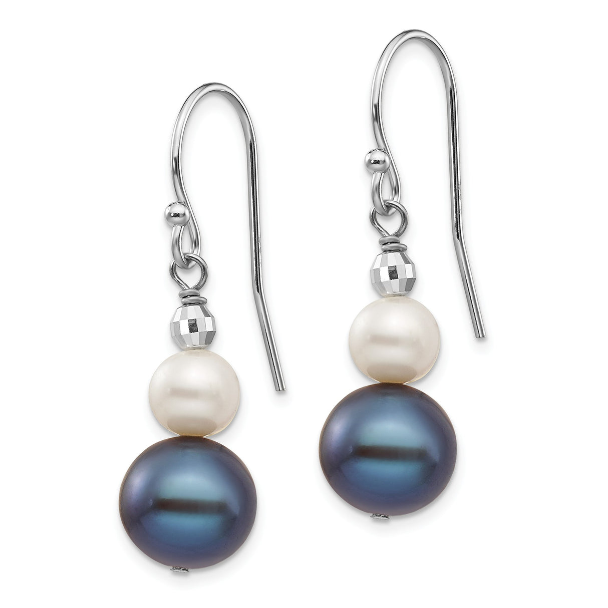 14k White Gold Dangle Earrings with White and Black Cultured Pearls, Metal Bead Accents