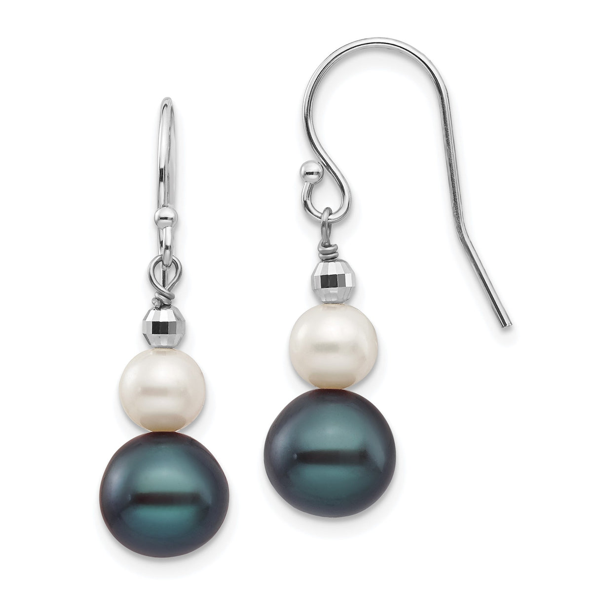 14k White Gold Dangle Earrings with White and Black Cultured Pearls, Metal Bead Accents