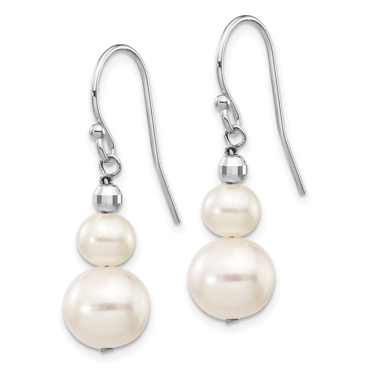 14k White Gold Dangle Earrings with Round Cultured Freshwater Pearls and Faceted Beads