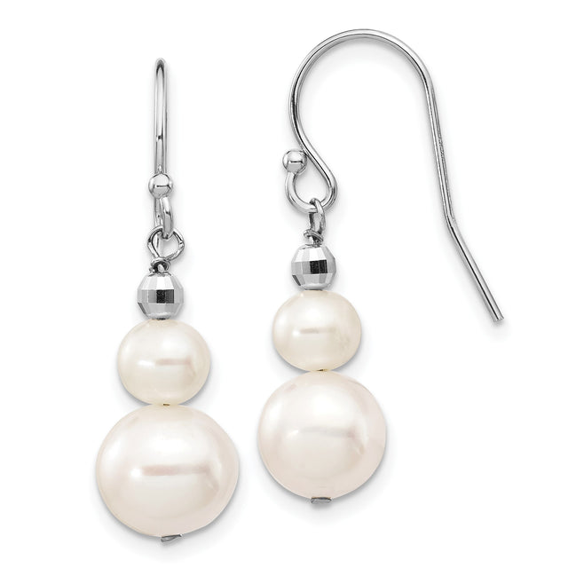 14k White Gold Dangle Earrings with Round Cultured Freshwater Pearls and Faceted Beads