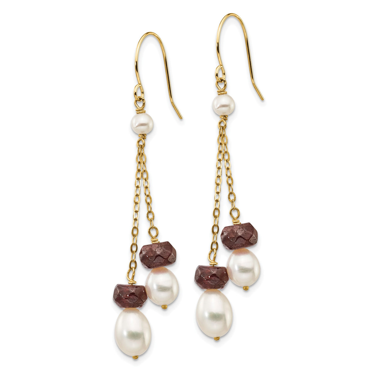 14k Yellow Gold Dangle Earrings with Freshwater Pearls and Garnet, Triple Drop Design