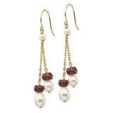 14k Yellow Gold Dangle Earrings with Freshwater Pearls and Garnet, Triple Drop Design