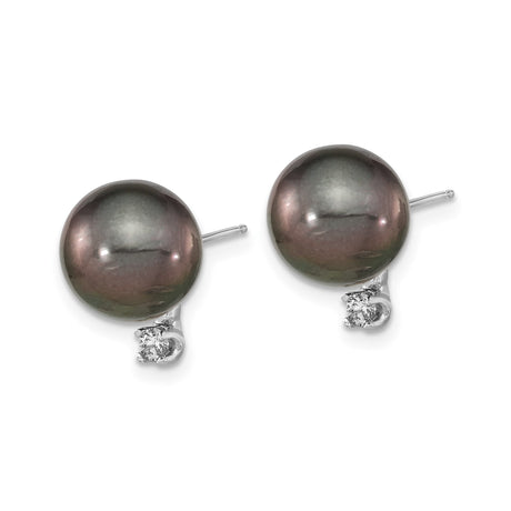 14k White Gold Stud Earrings with Black Cultured Pearl and Diamond Accents