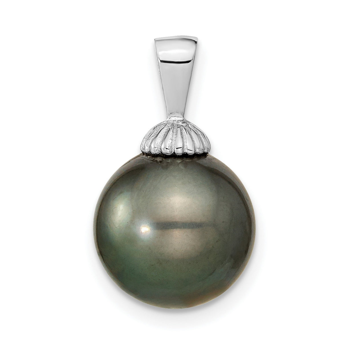 14k White Gold Pendant with Black Tahitian Cultured Pearl, Shell-Inspired Design