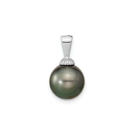 9 10mm Black Tahitian Cultured Pearl Charm Pendant in Real 14k White Gold
