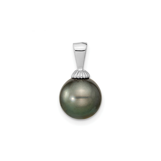 9 10mm Black Tahitian Cultured Pearl Charm Pendant in Real 14k White Gold