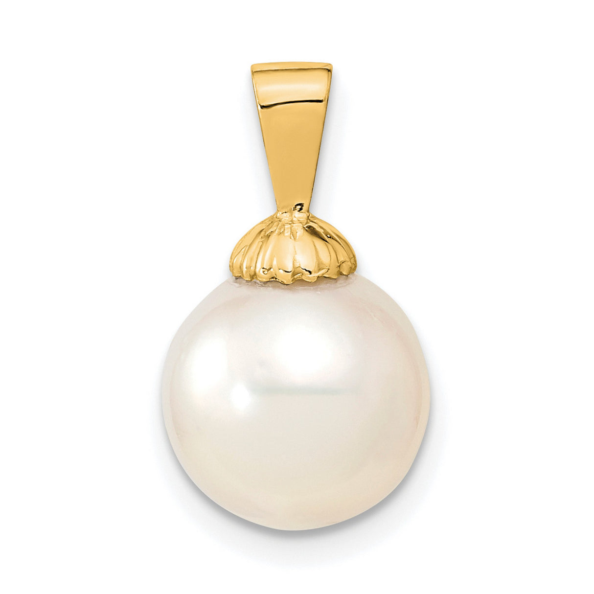 14k Yellow Gold Pendant with White Freshwater Pearl, Floral Cap Design