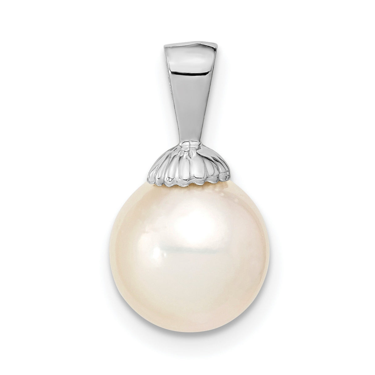 14k White Gold Pendant with Cultured Pearl, Scallop Shell Cap, Minimalist Design