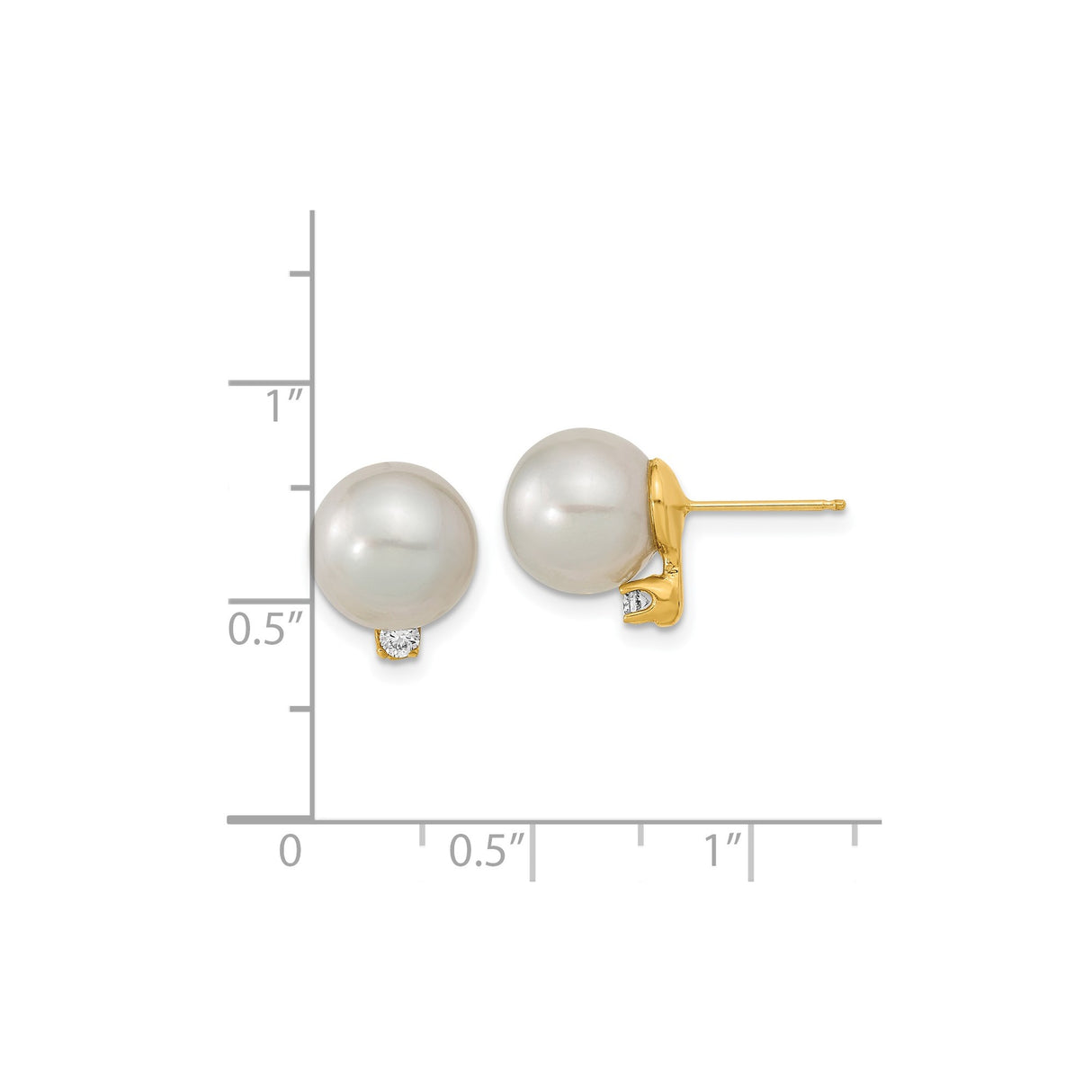14k Yellow Gold Stud Earrings with White Cultured Pearls and Diamond Accents, Classic Style