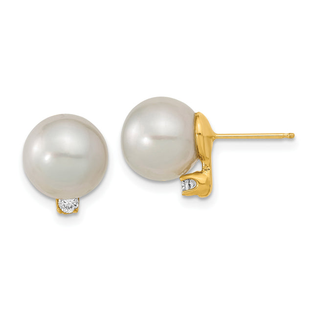 14k Yellow Gold Stud Earrings with White Cultured Pearls and Diamond Accents, Classic Style