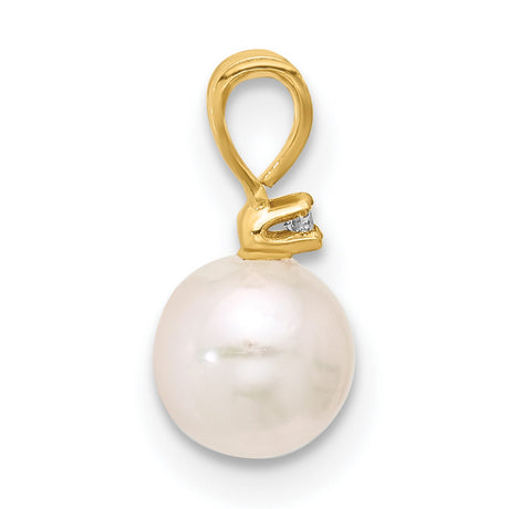 14k Yellow Gold Pendant with White Cultured Pearl and Diamond Accent, V-Shape Bail
