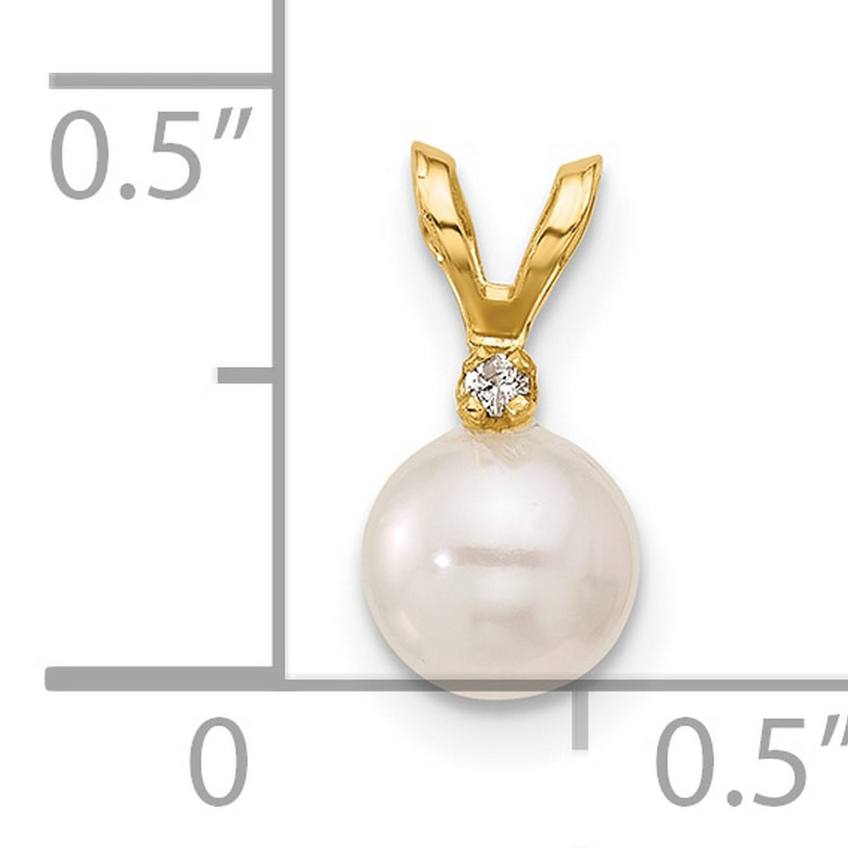 14k Yellow Gold Pendant with White Cultured Pearl and Diamond Accent, V-Shape Bail